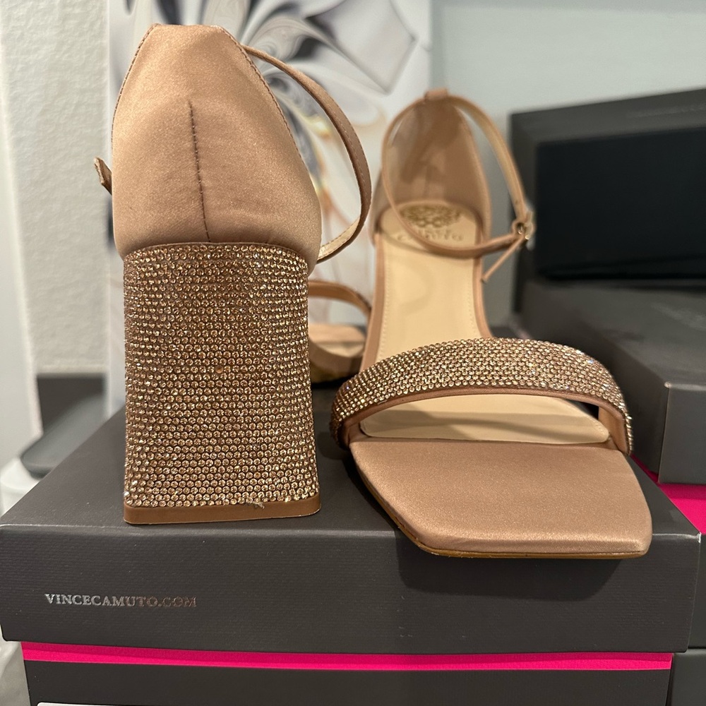 Vince Camuto Tan Embellished Block Heel Sandals